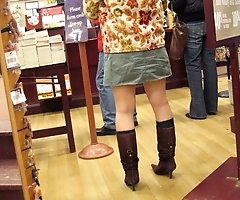 Sneaky upskirt, in a shop. Chubby chick in mini voyeured